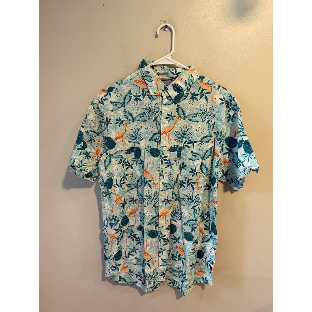 IZOD Saltwater Mens Large Blue Flamingo Pineapple Tropical Cotton Button Shirt